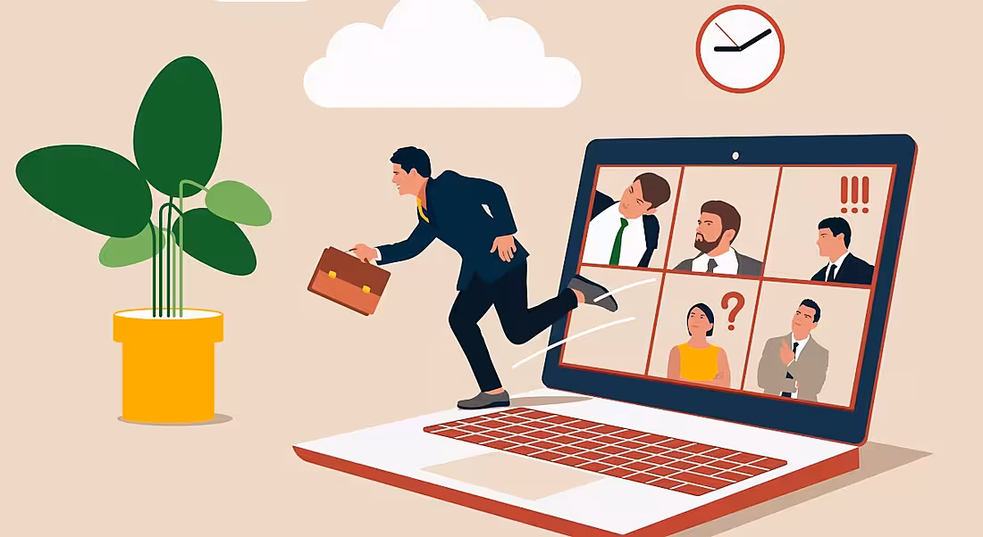 Against a tan background, a cartoon businessman runs out of a laptop video call, indicating his return to in-person work.