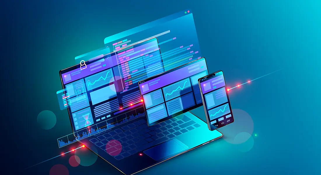 Front-end and back-end web development concept with a computer and mobile and tablet with websites open on them. They are illuminated in blue light floating on a blue background.