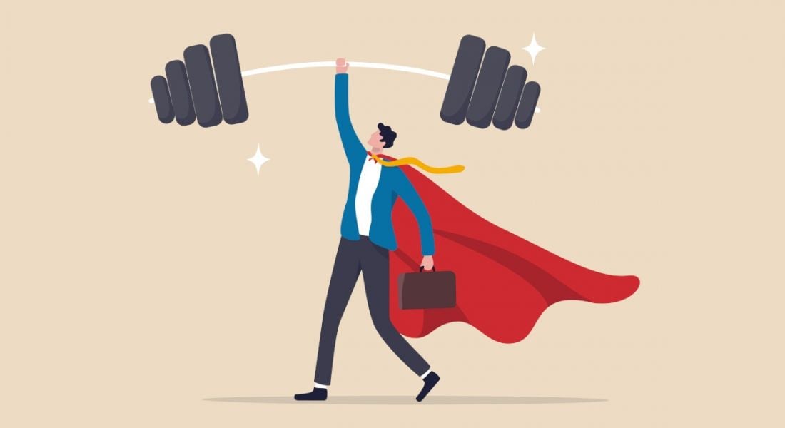 Cartoon showing a worker with a dumbbell and a cape dressed as a superhero showing strength.