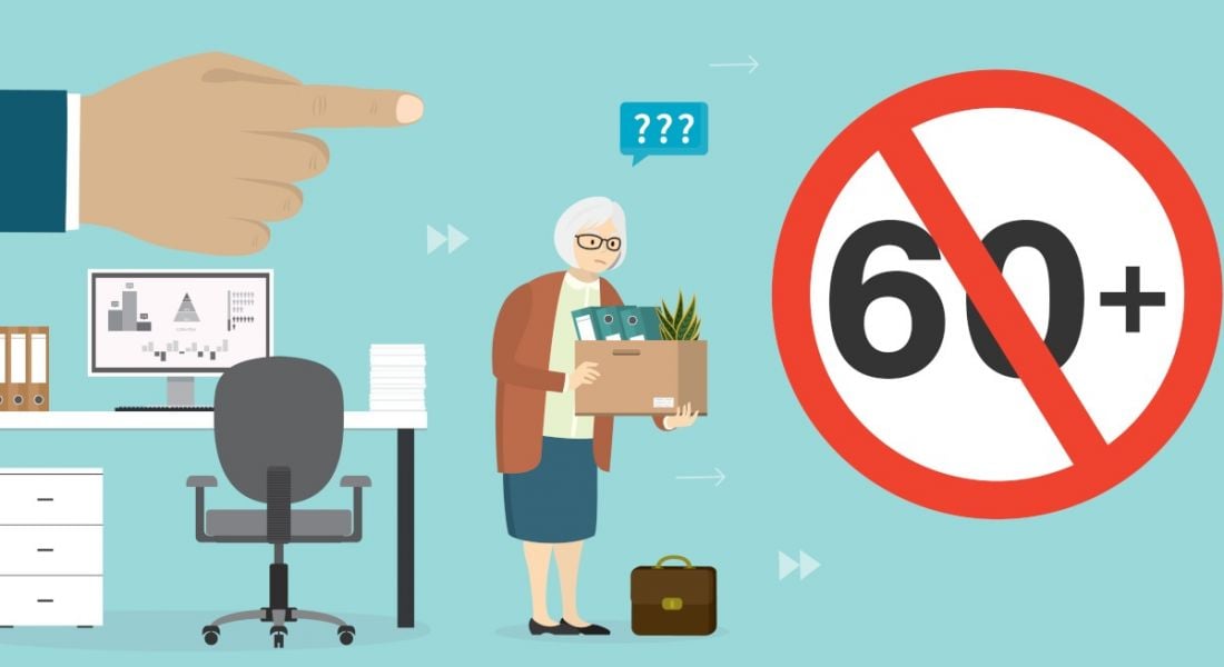 Cartoon depicting ageism in a tech workplace, a woman is being fired and is leaving her desk. A large sign saying no over 60s allowed is in the corner.