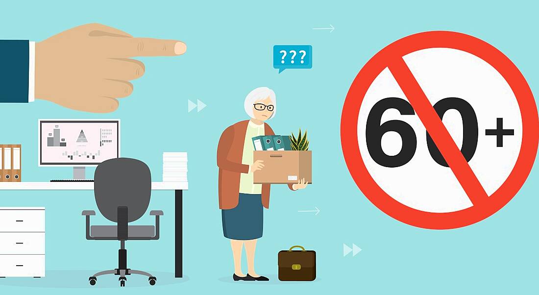 Cartoon depicting ageism in a tech workplace, a woman is being fired and is leaving her desk. A large sign saying no over 60s allowed is in the corner.