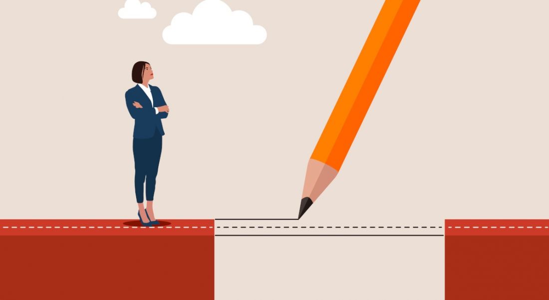 Cartoon showing a trust gap concept with a woman standing on a cliff edge looking across a gap at another cliff. A giant pencil is drawing a connecting line between the two cliffs.