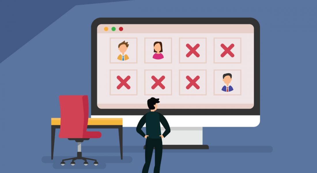 Absenteeism in the workplace concept cartoon with a manager standing in front of a large monitor with employees' faces on the icons and some employees are absent.