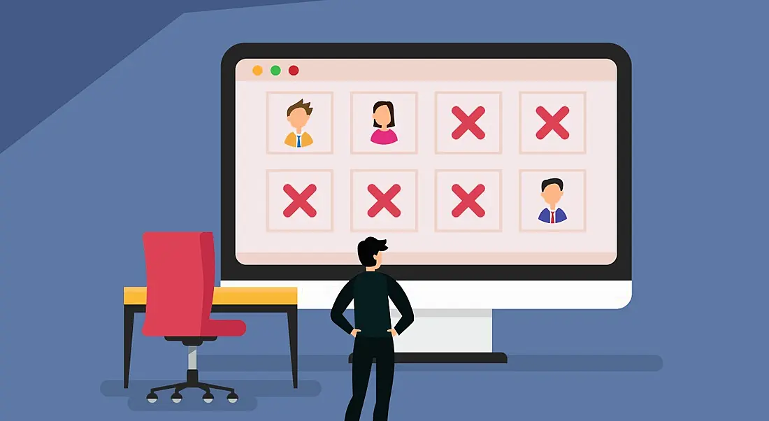 Absenteeism in the workplace concept cartoon with a manager standing in front of a large monitor with employees' faces on the icons and some employees are absent.