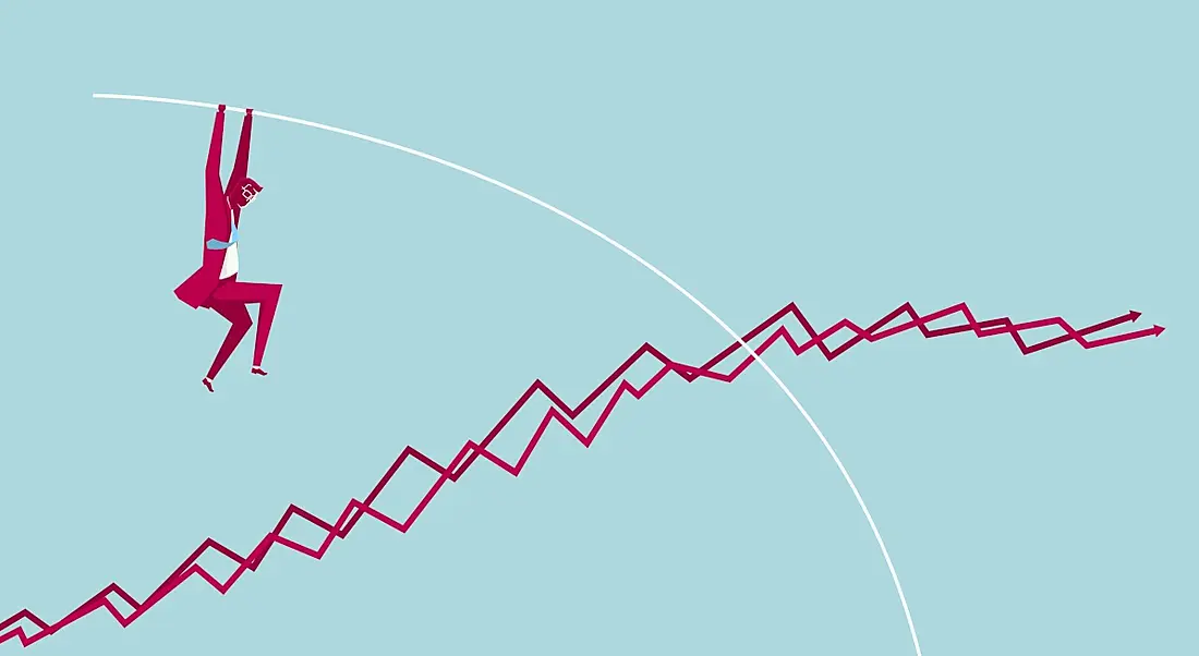 Cartoon showing concept of volatility in jobs markets with a person vaulting over some intertwined arrows on a graph.