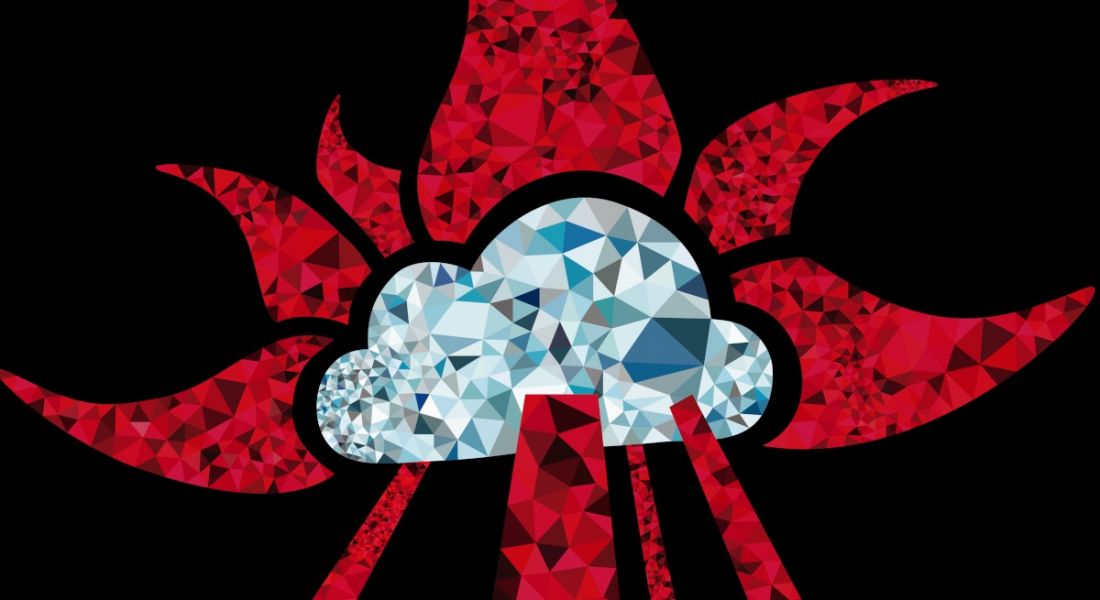 Artwork of a cloud with silver on a red and black background.