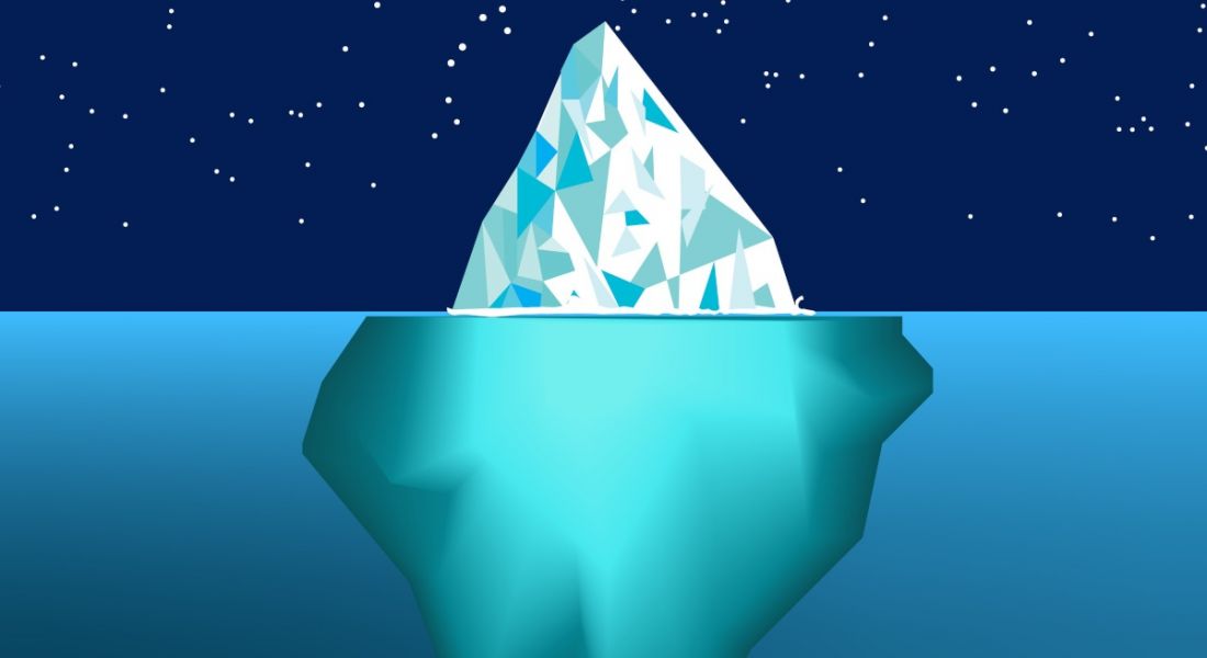 Cartoon of an iceberg in the ocean.