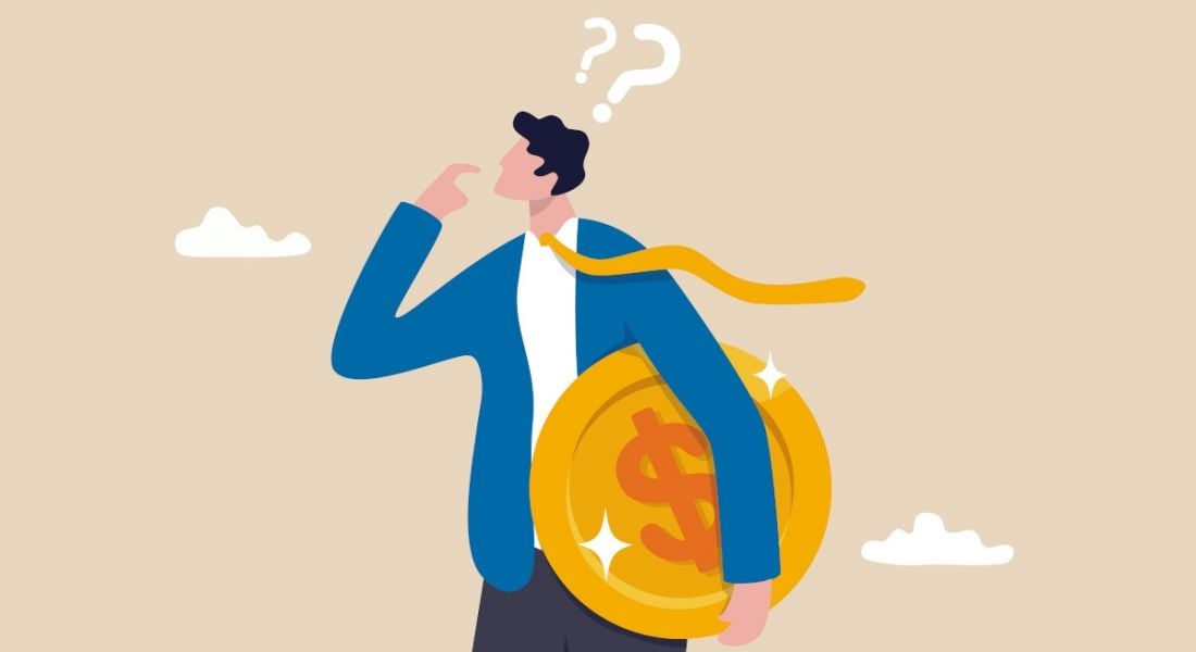 A cartoon of a man holding a large gold coin with a dollar sign on it with question marks over his head, representing salary negotiations.