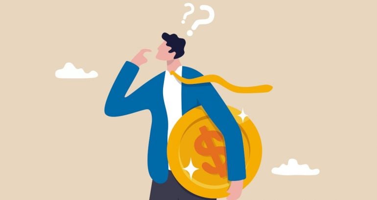 A cartoon of a man holding a large gold coin with a dollar sign on it with question marks over his head, representing salary negotiations.