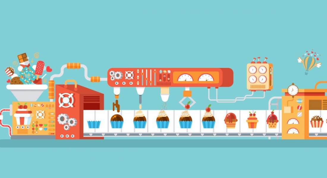 Brightly-coloured graphic of a production line showing the process of manufacturing confectionary.