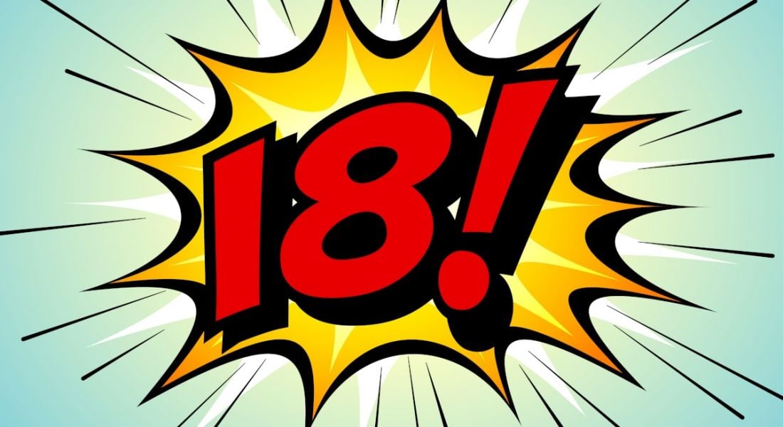 Cartoon of the number 18 in bold red letters followed by an exclamation mark. The number is enclosed in a comic-book style crash graphic on a pale green and blue background.