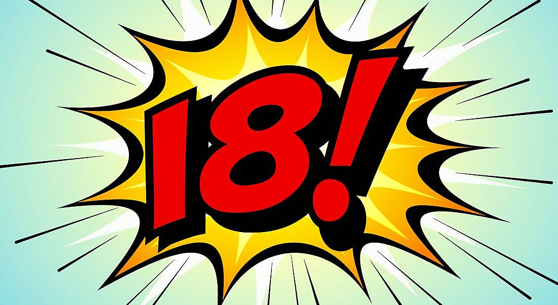 Cartoon of the number 18 in bold red letters followed by an exclamation mark. The number is enclosed in a comic-book style crash graphic on a pale green and blue background.