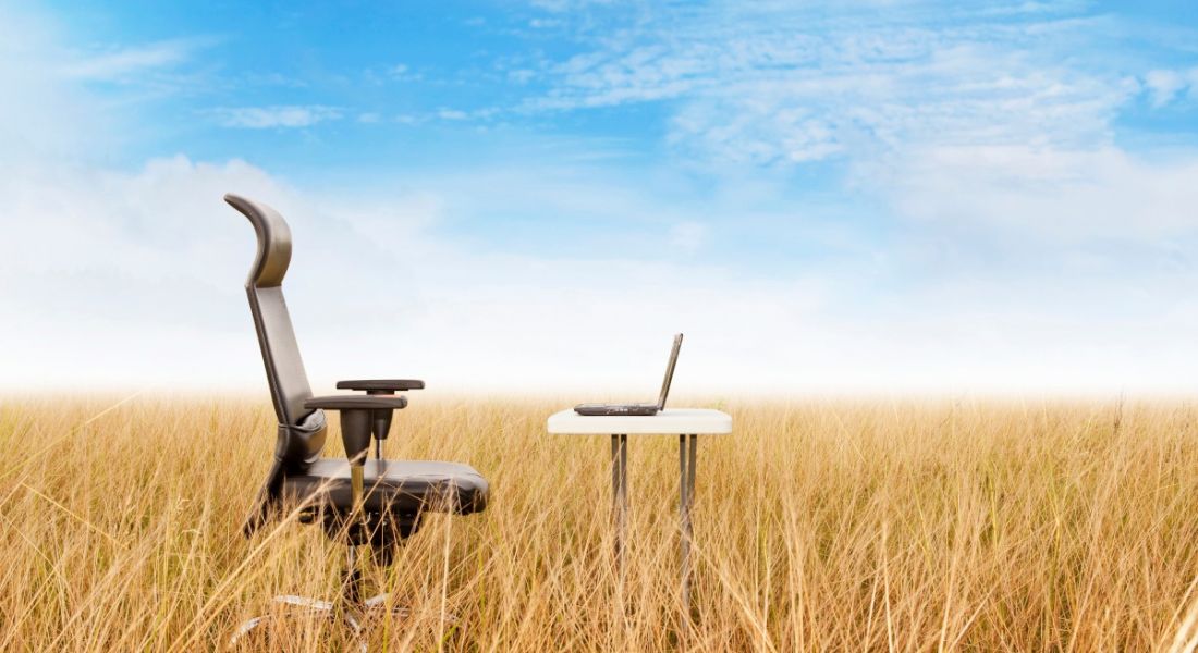Remote working office in a field concept showing an office chair and a desk in the middle of a wheat field.