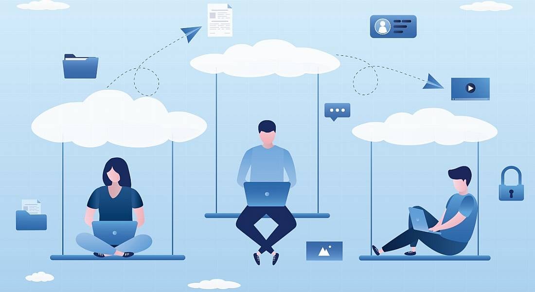 A cartoon in blue tones showing employees sitting on swings attached to clouds. They are using computers and messaging icons are floating around them as they message each other. It is a remote working info security concept.