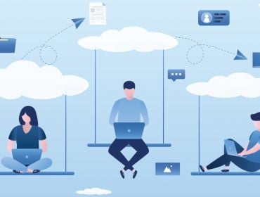 A cartoon in blue tones showing employees sitting on swings attached to clouds. They are using computers and messaging icons are floating around them as they message each other. It is a remote working info security concept.