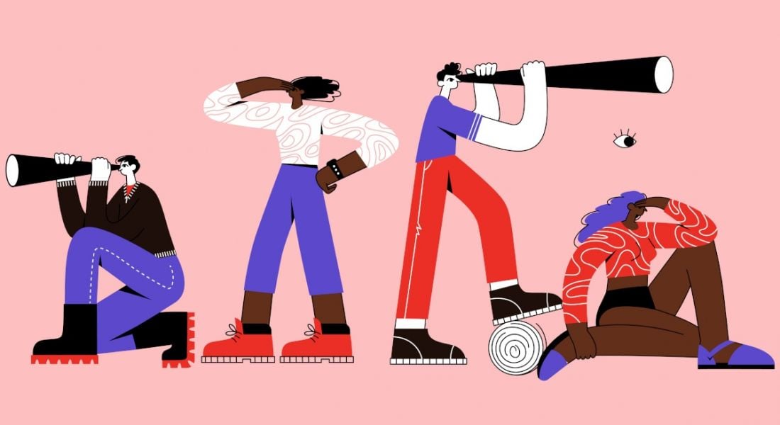 Abstract cartoon of a future-focused team of people with telescopes and binoculars. They are on a pink background.