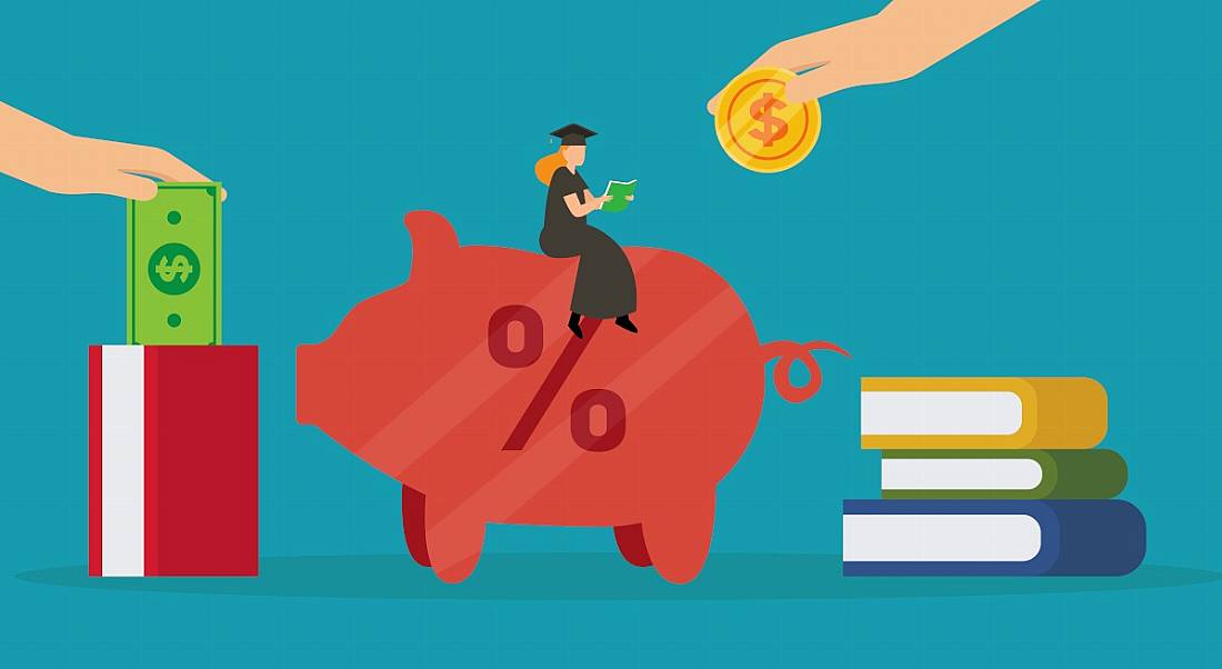 Cartoon concept of an education subsidy with a piggy bank, a stack of books and hands brandishing money to a small figure who sits on top of the piggy bank in a graduate's gap and gown.