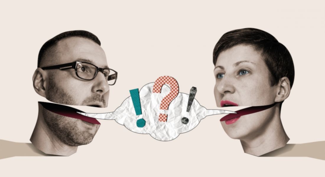 Art collage showing a man and a woman trying to communicate but their heads are split in two at their mouths. There is a speech bubble between them with exclamation and question marks.