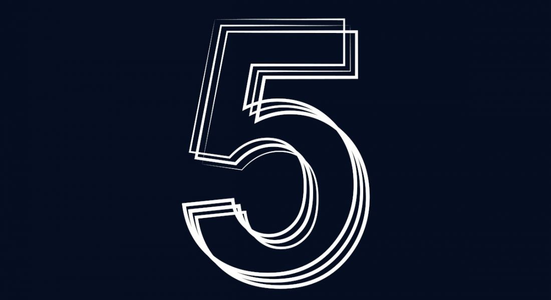 A white outline of the number five layered over itself three times against a navy background, symbolising five new job tips.