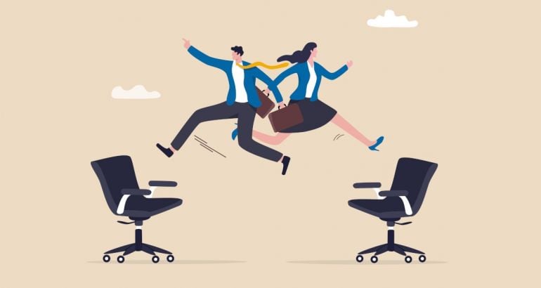 Cartoon professionals leap between office chairs showing their new career opportunities.