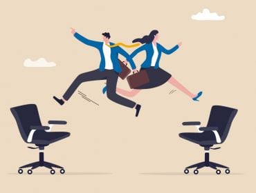 Cartoon professionals leap between office chairs showing their new career opportunities.