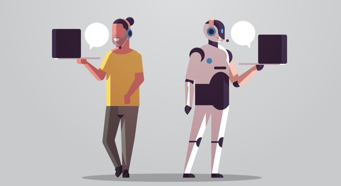 An animated concept image of a human and a robot chatting via a computer.