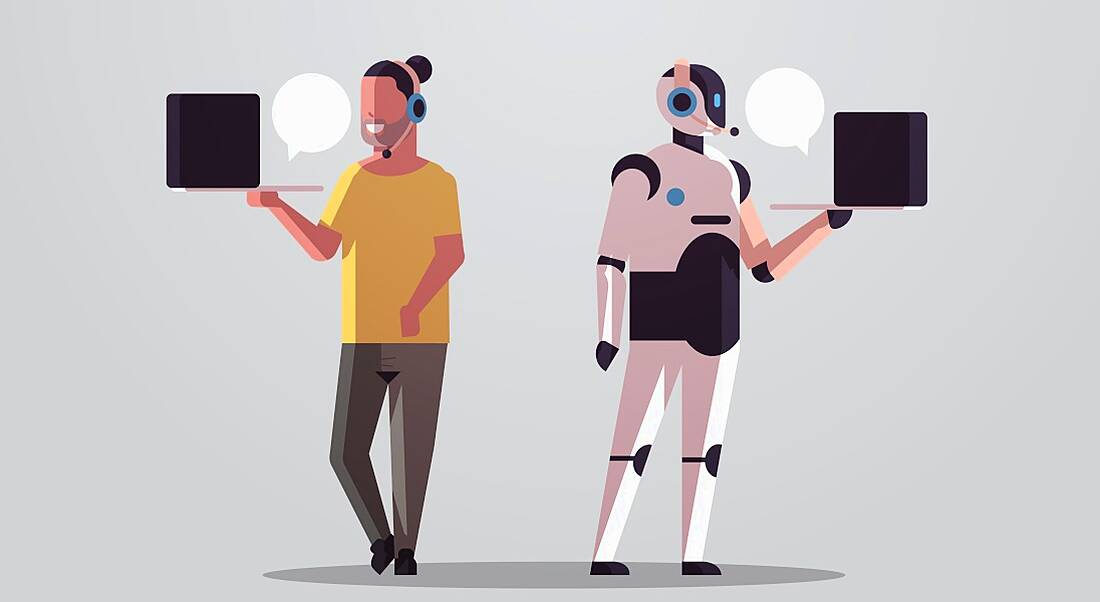 An animated concept image of a human and a robot chatting via a computer.