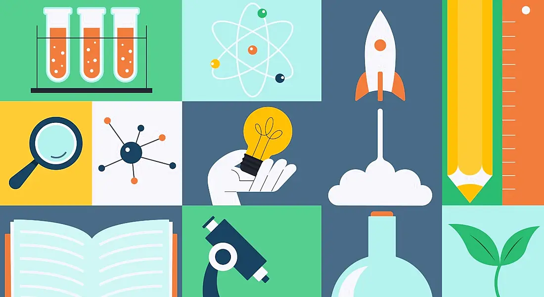 A colourful collage of STEM related images, indicating the many skills needed to stay relevant.