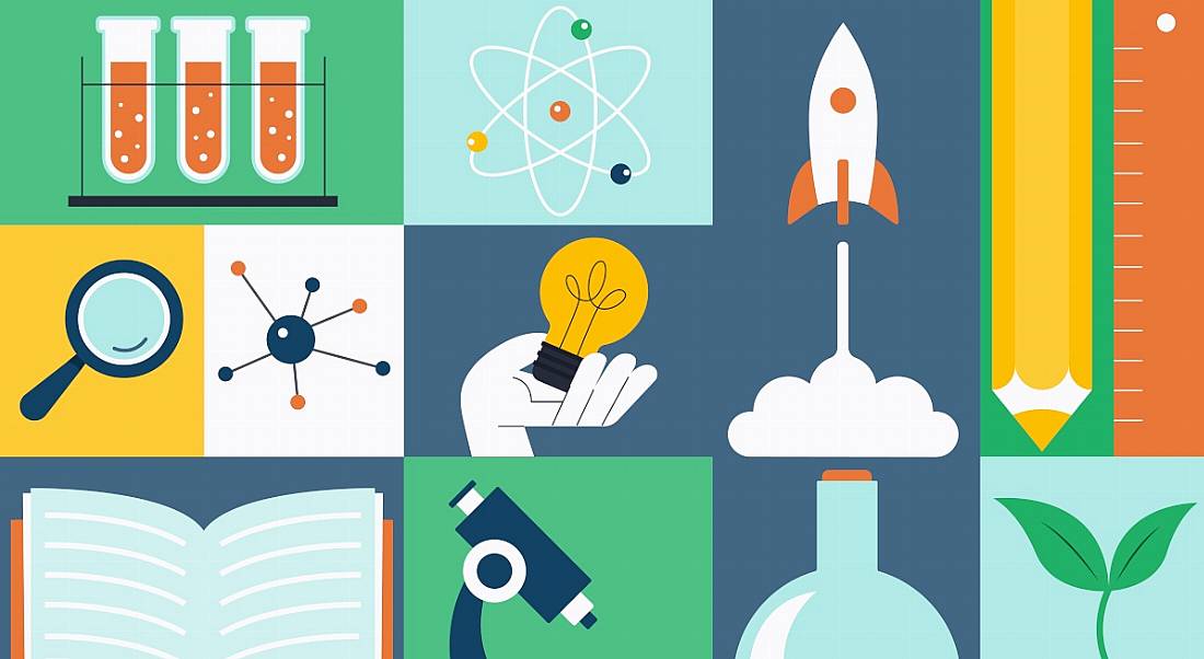 A colourful collage of STEM related images, indicating the many skills needed to stay relevant.