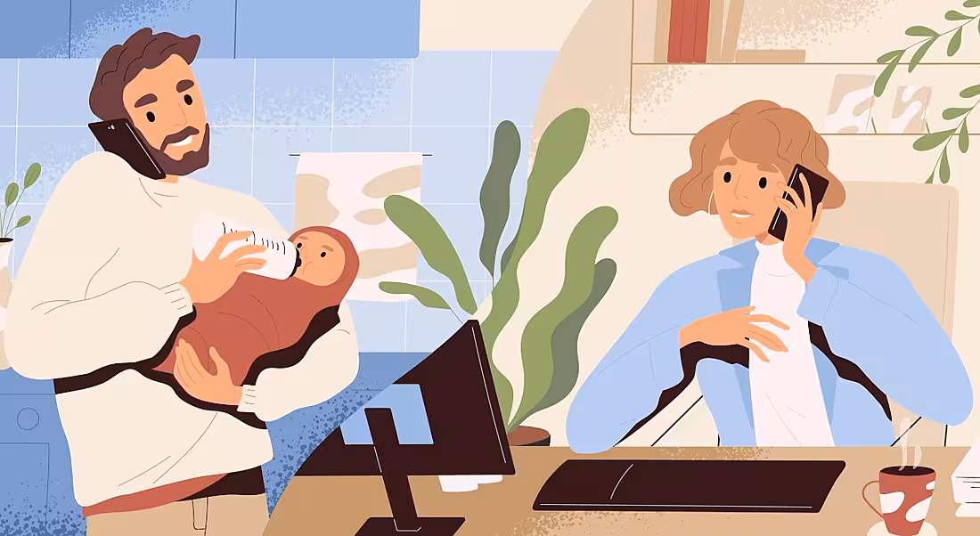 A cartoon woman is talking on the phone at work and in a split image a man is holding a baby, showing a modern parental leave system.