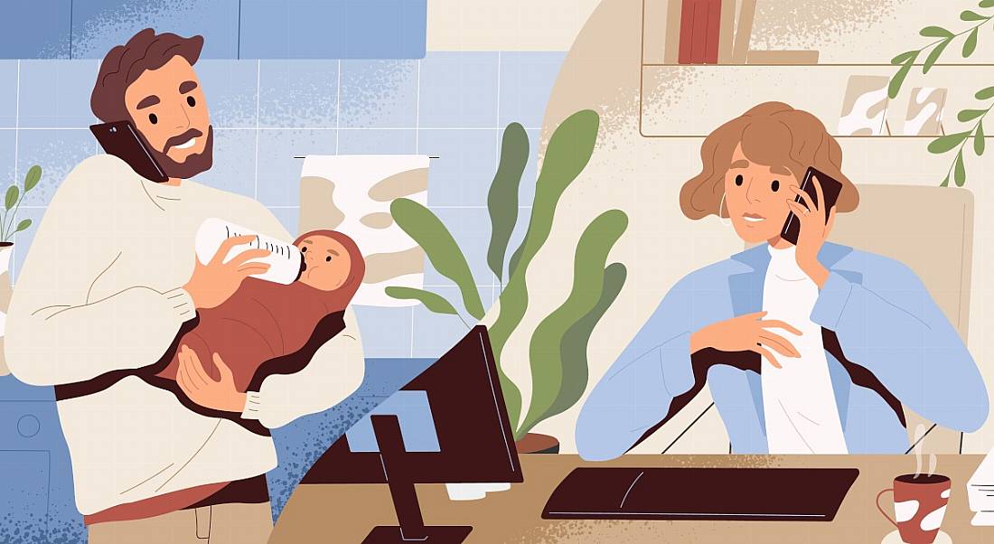 A cartoon woman is talking on the phone at work and in a split image a man is holding a baby, showing a modern parental leave system.