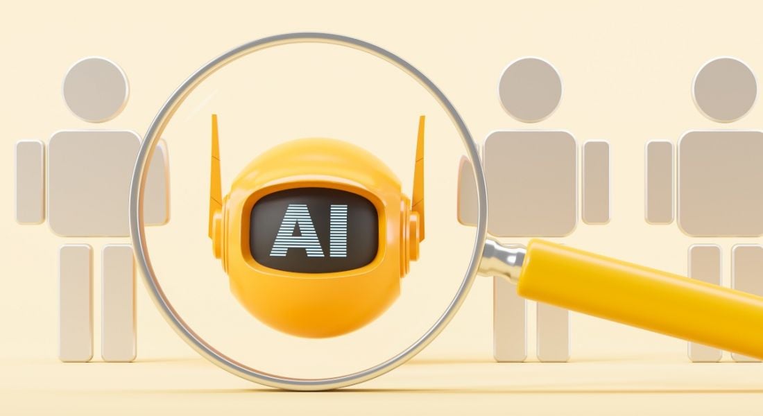 A magnifying glass spots an AI 'employee' in a lineup of workers.