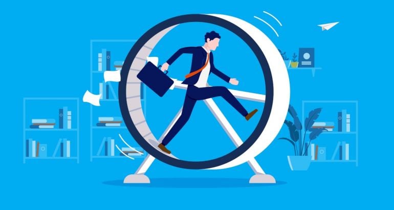 A cartoon man runs on a wheel indicating that he is in a rut and his career is going nowhere.