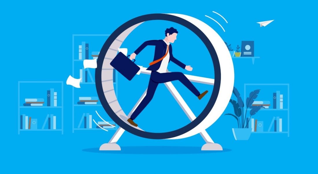 A cartoon man runs on a wheel indicating that he is in a rut and his career is going nowhere.