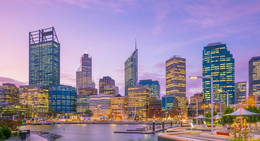 A picture of downtown Perth skyline at twilight.