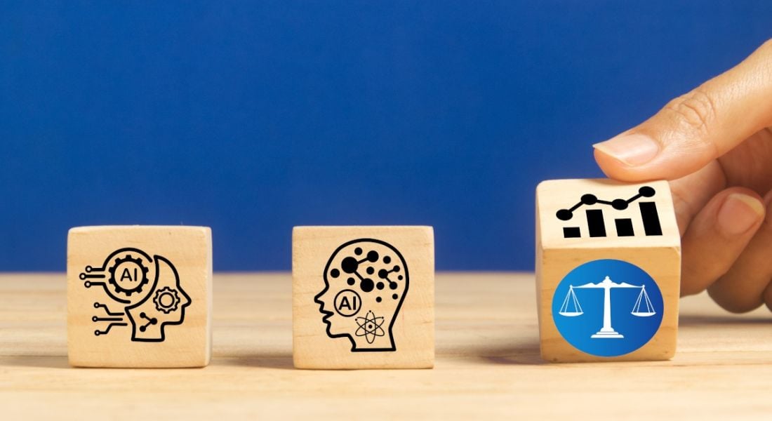 Three wooden blocks representing AI, cognitive difference and equality, in the workplace.