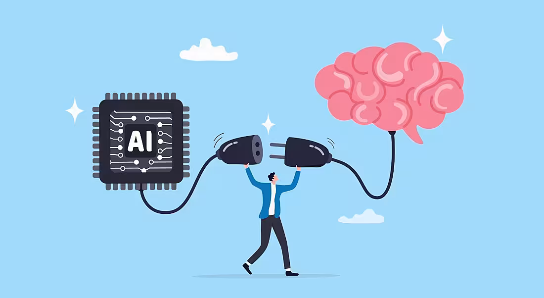 A cartoon man plugs a brain into an AI chip representing how learning is key to the deep tech revolution.