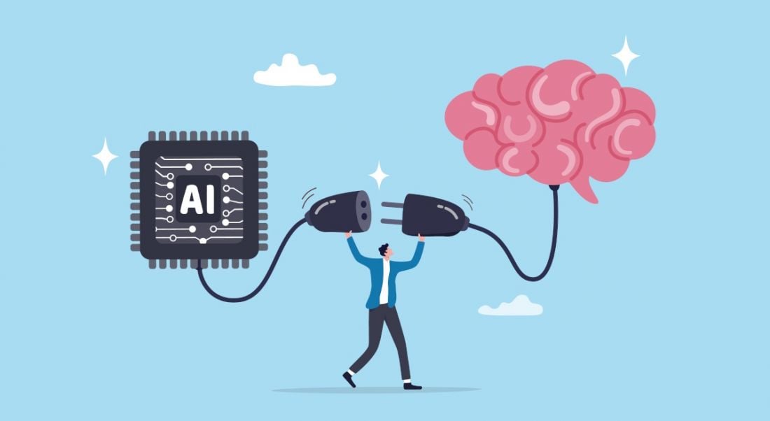 A cartoon man plugs a brain into an AI chip representing how learning is key to the deep tech revolution.