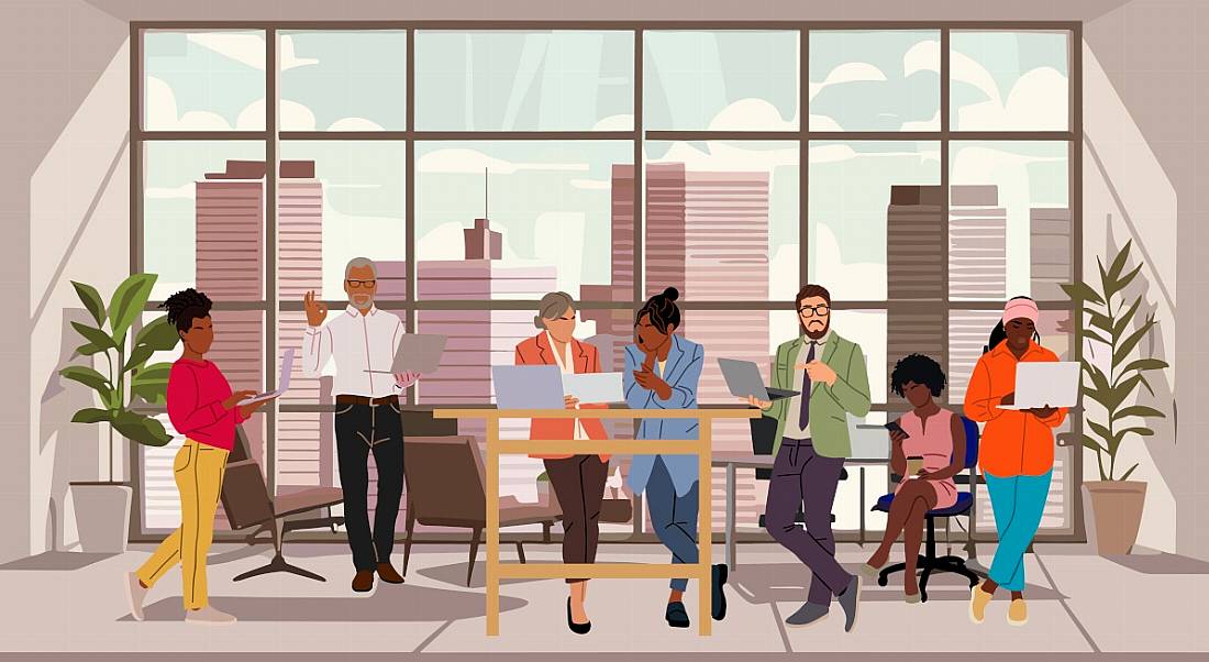 A cartoon image of a diverse and happy workplace.