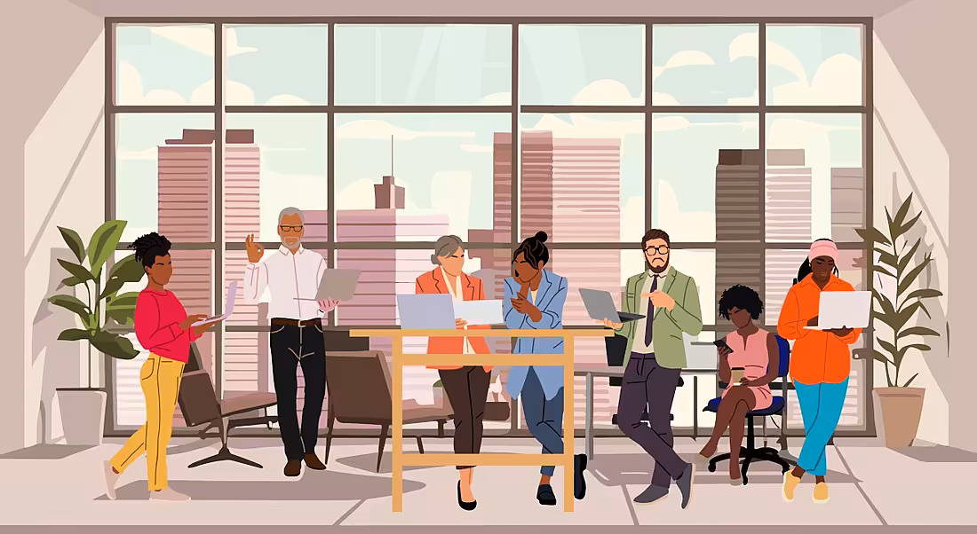 A cartoon image of a diverse and happy workplace.
