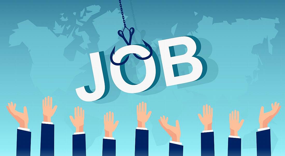 The word job dangles on a hook over outreached hands, indicating the excessive hiring process.