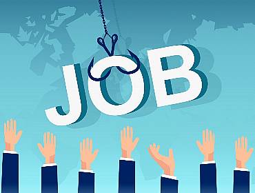 The word job dangles on a hook over outreached hands, indicating the excessive hiring process.