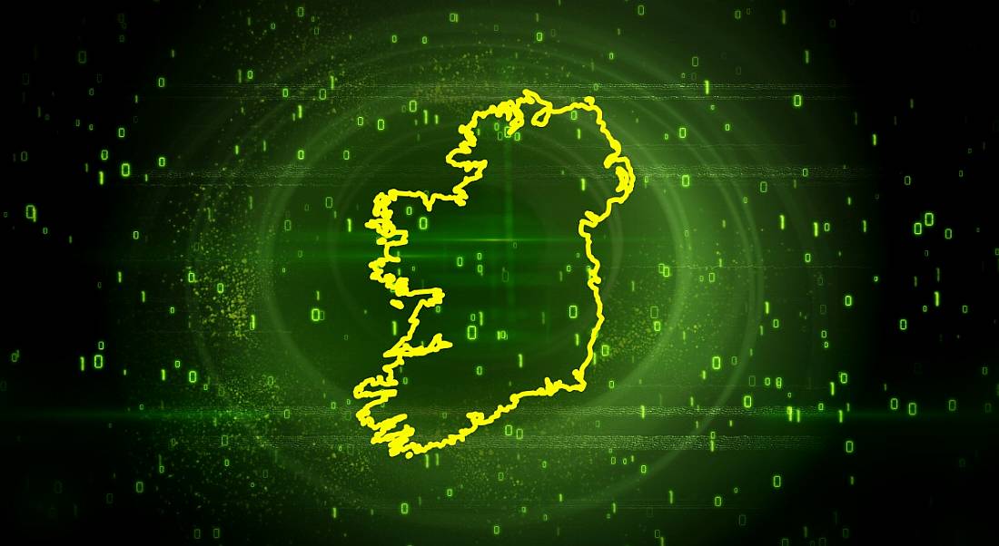 A green and neon yellow rendering of the map of Ireland, with tech symbols in the background.