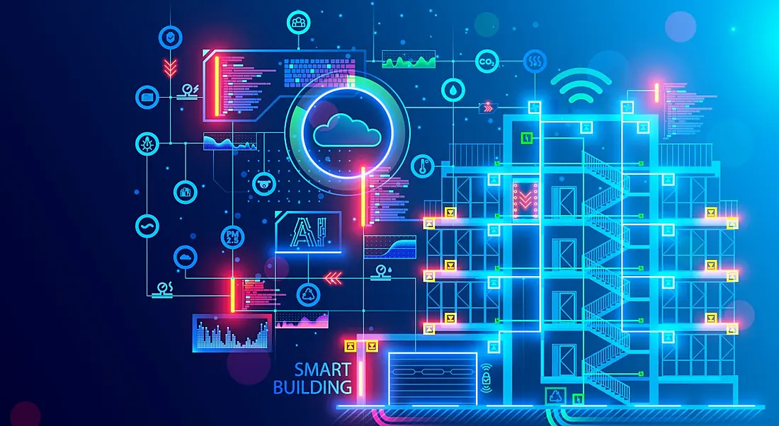 A colourful graphic showing iconography related to smart systems.