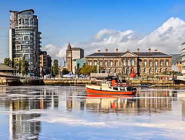 The Custom House and Lagan River in Belfast, Northern Ireland.