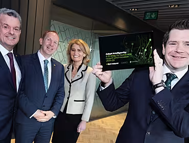 Three men and one woman in business attire pose together. One man is holding up the new IDA strategy booklet.