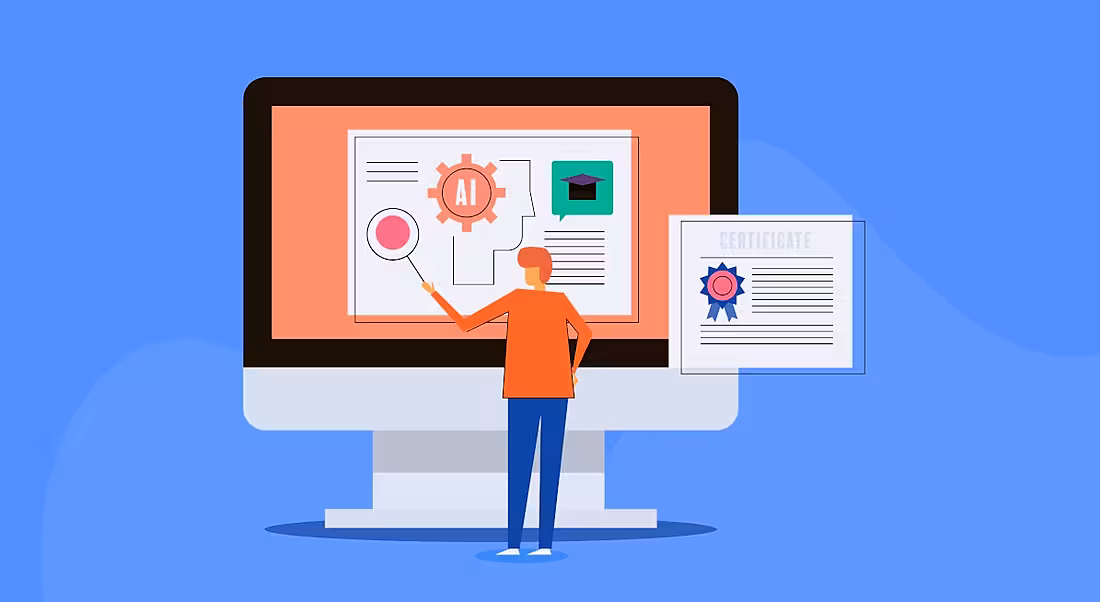A cartoon image of a man working off of a screen showing AI iconography.