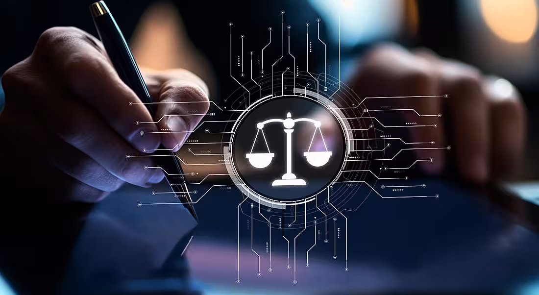 A justice symbol surrounded by lines representing AI to symbolise ethics.