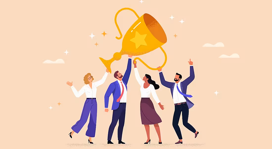 Cartoon people hold up a workplace trophy they earned.