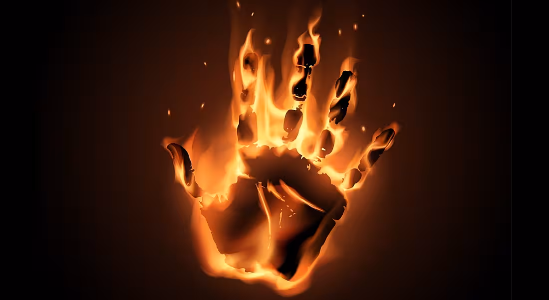 A digital image of a handprint engulfed in fire over a dark background.